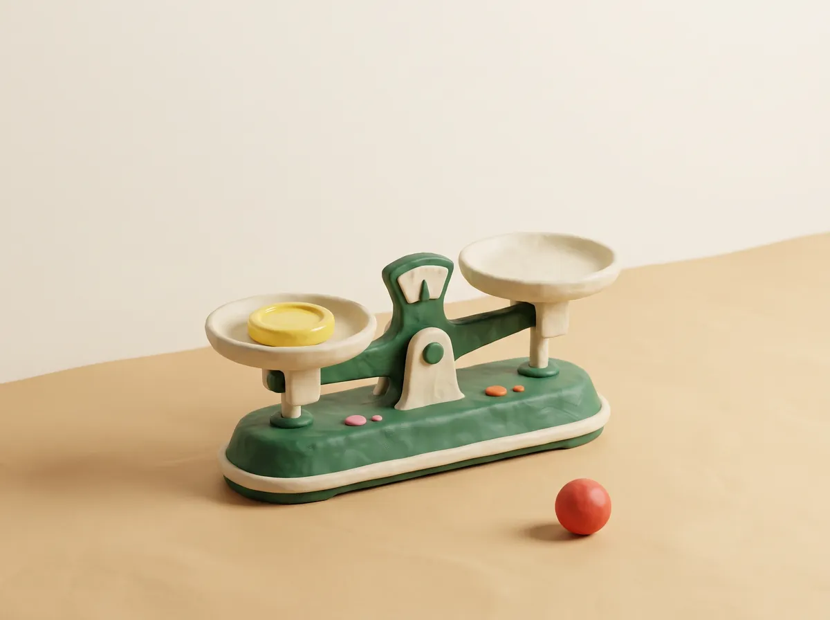 A clay balance scale. One pan holds a yellow token, the other pan is empty.